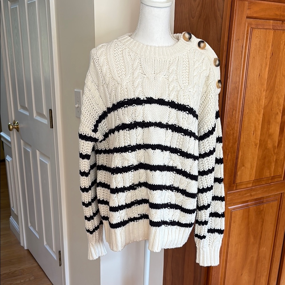 Sezane Black and White Striped Crew Neck Sweater